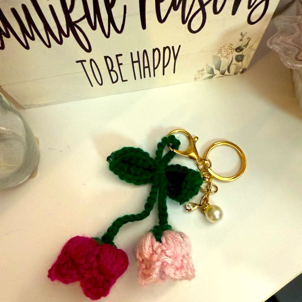Crochet Lily Flower Keychain with Pearl and Gold Accents